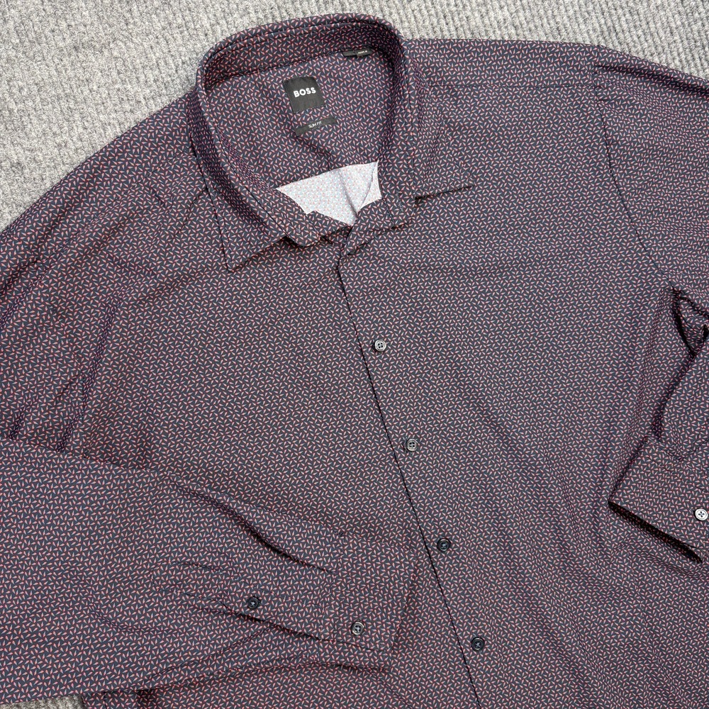 Hugo BOSS Shirt‎ Mens 3XL Slim Fit Navy Blue Geometric Performance Stretch Party